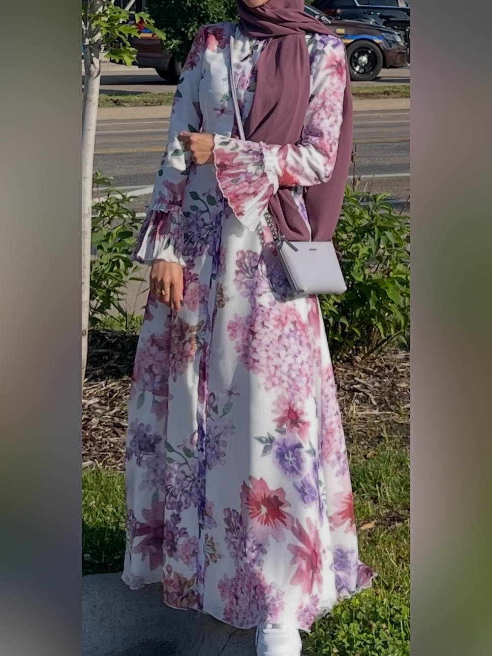 Annah Hariri Floral Long Sleeve Maxi Hijab Dress in White and Mauve
